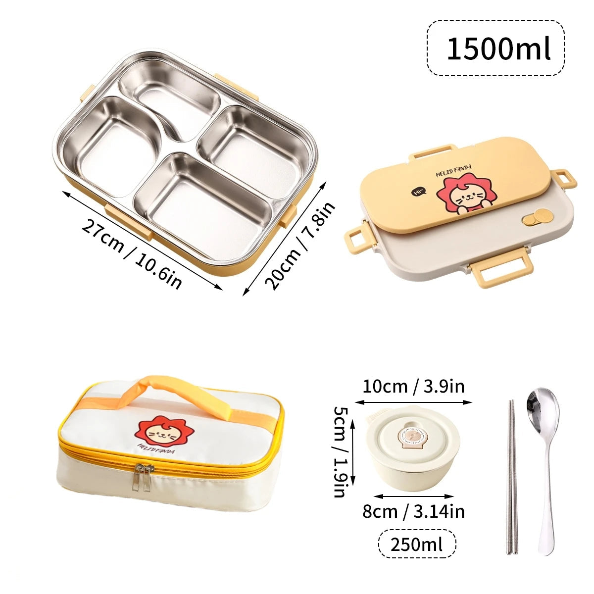 4 Grids 304 Stainless Steel Lunch Box With Cutlery&Bowl Portable Food Contianer variety store