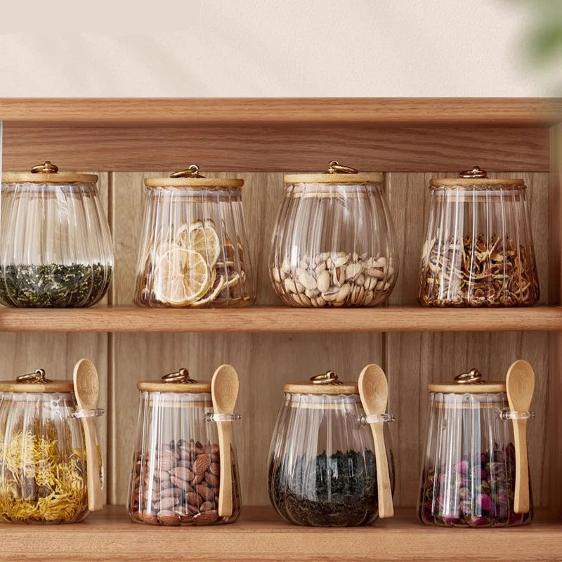Food Container Kitchen Storage Bottles Glass Airtight Canister Grains Tea Coffee Beans Grains Candy Jars with Wood Lid and Spoon variety store