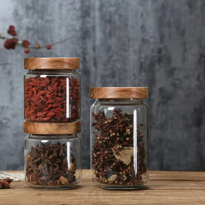 1pcs Wood Lid Orgnizer Glass Airtight Canister Kitchen Storage Bottles Jar variety store