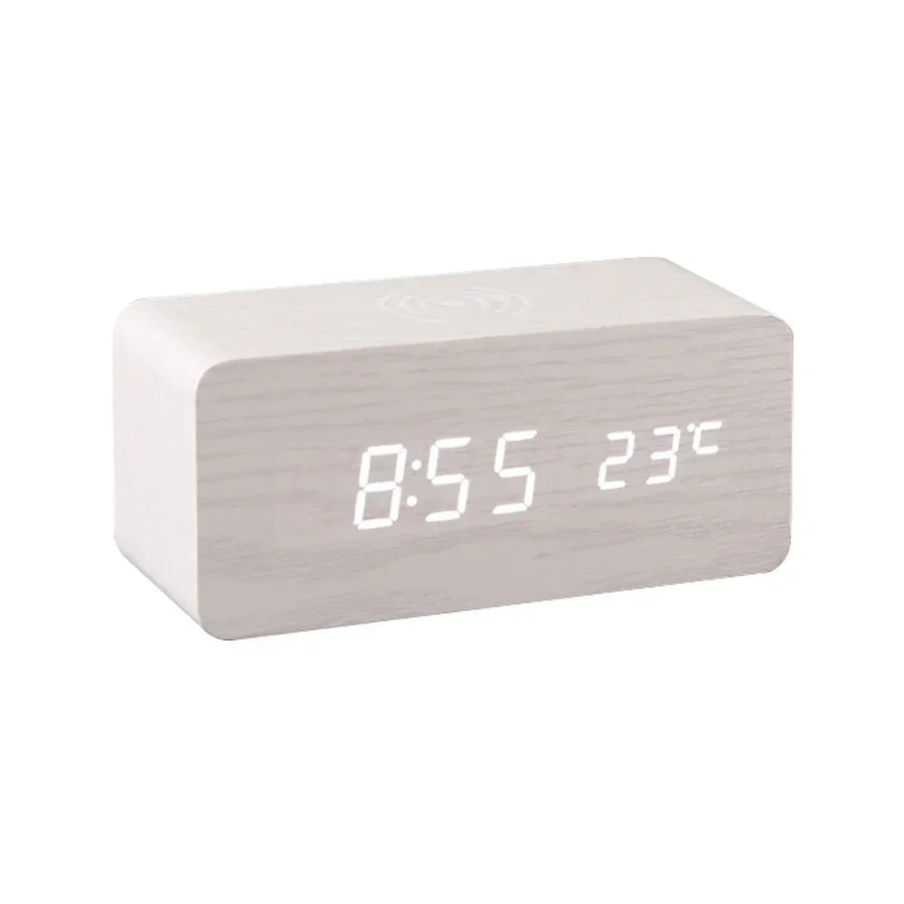 Modern Wooden Wood Digital LED Desk Alarm Clock Thermometer Wireless Charger variety store
