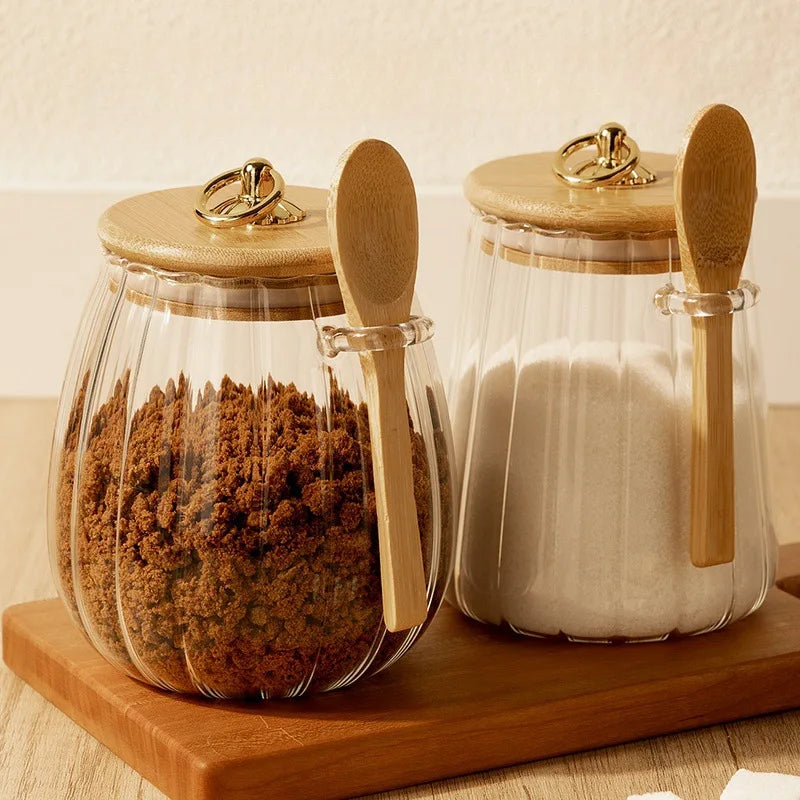 Food Container Kitchen Storage Bottles Glass Airtight Canister Grains Tea Coffee Beans Grains Candy Jars with Wood Lid and Spoon variety store