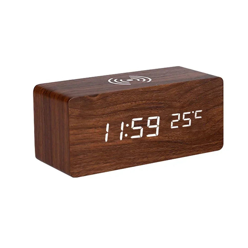 Modern Wooden Wood Digital LED Desk Alarm Clock Thermometer Wireless Charger variety store
