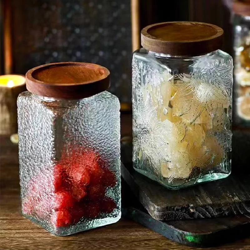 Retro Embossed Begonia Pattern Glass Jar Sealed Jar Storage Bottle variety store