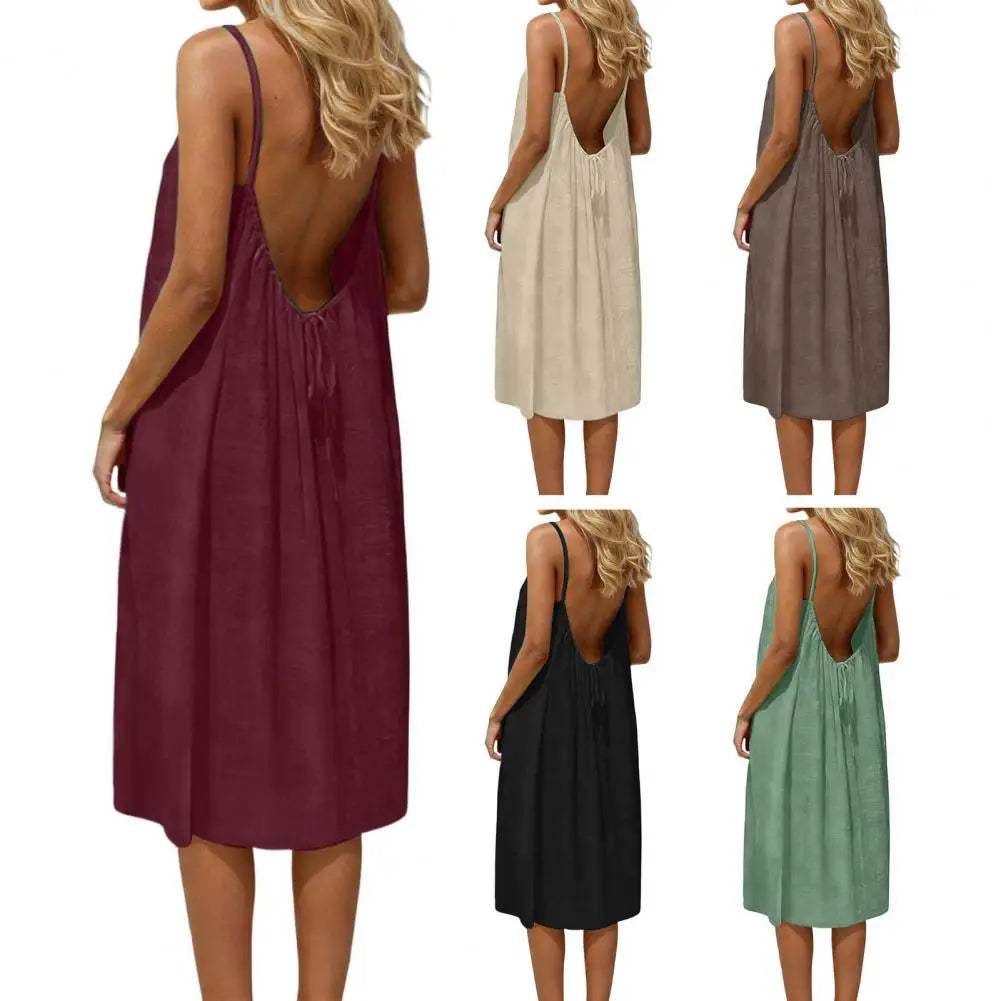 Casual Backless Cami Dress for Women Summer Sleeveless Beach Sundress Spaghetti Strap Loose Flowy Dress with Back Tie Variety shop