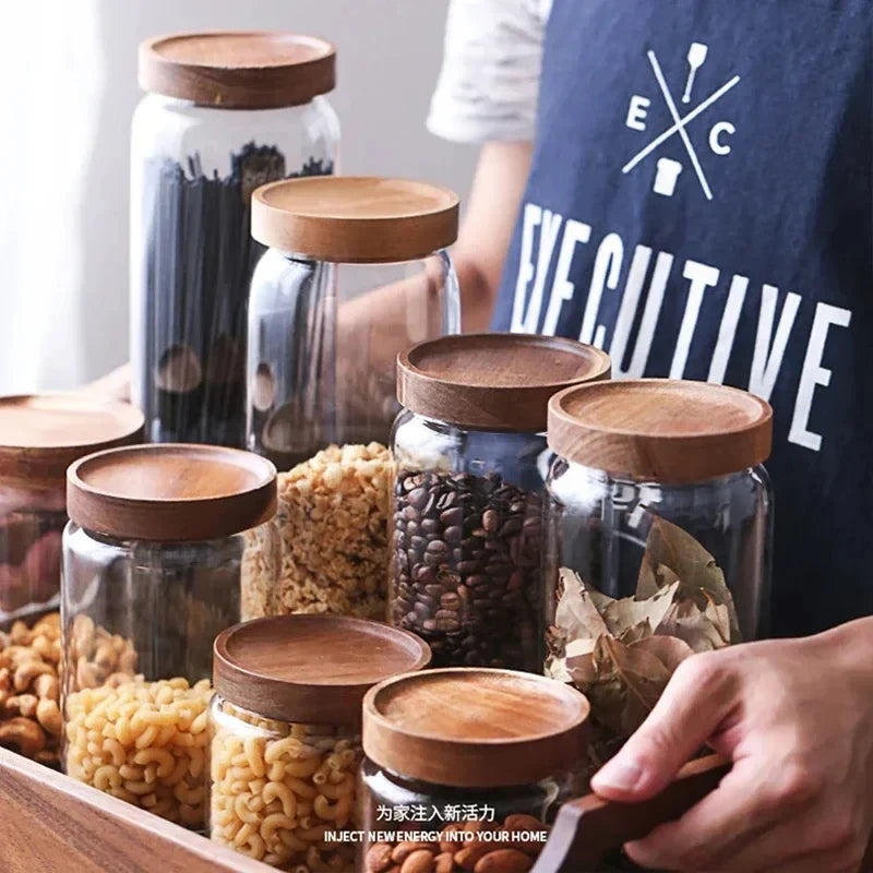 1pcs Wood Lid Orgnizer Glass Airtight Canister Kitchen Storage Bottles Jar variety store