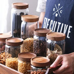 1pcs Wood Lid Orgnizer Glass Airtight Canister Kitchen Storage Bottles Jar variety store