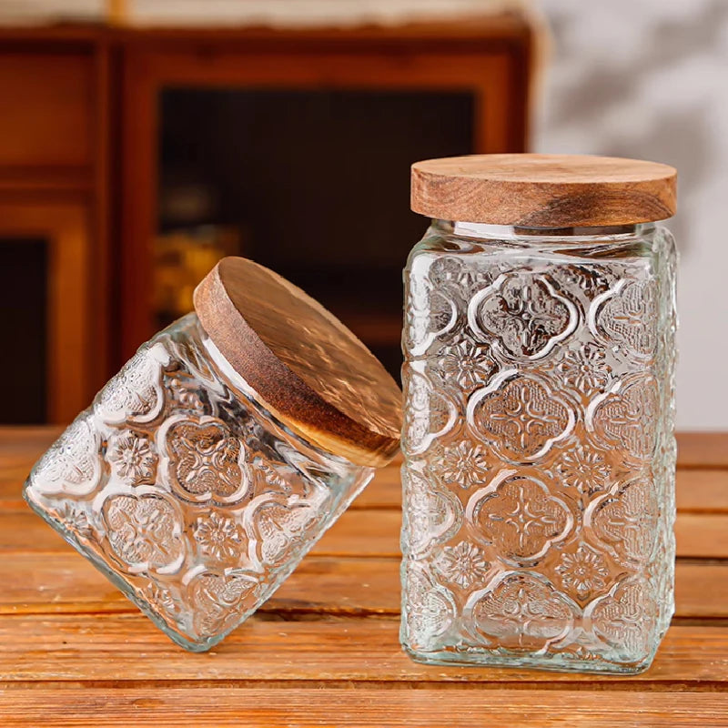 Retro Embossed Begonia Pattern Glass Jar Sealed Jar Storage Bottle variety store