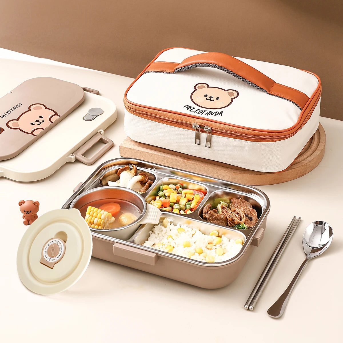 4 Grids 304 Stainless Steel Lunch Box With Cutlery&Bowl Portable Food Contianer variety store