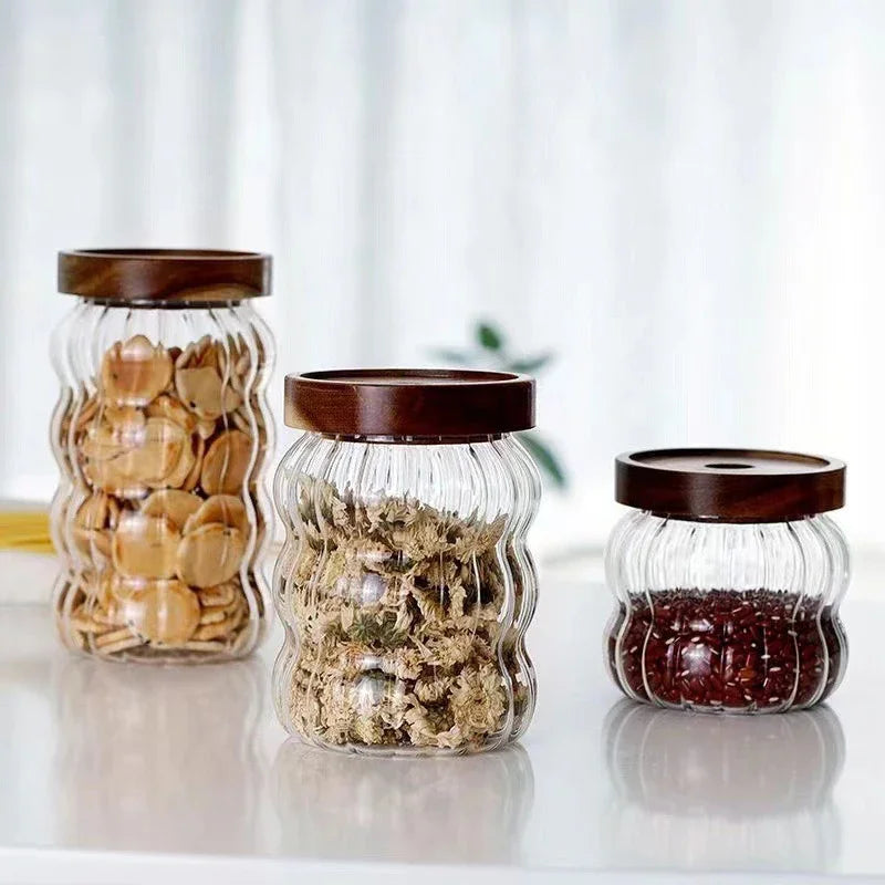 Kitchen High Borosilicate Glass Sealed jar Canister Glass Container Wood Lid variety store