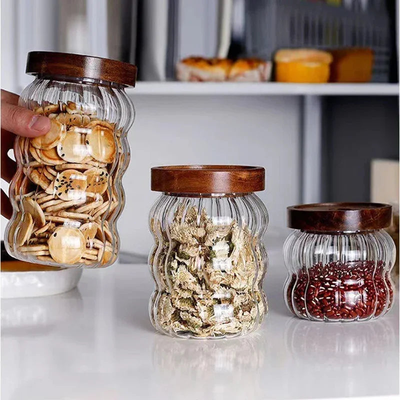 Kitchen High Borosilicate Glass Sealed jar Canister Glass Container Wood Lid variety store