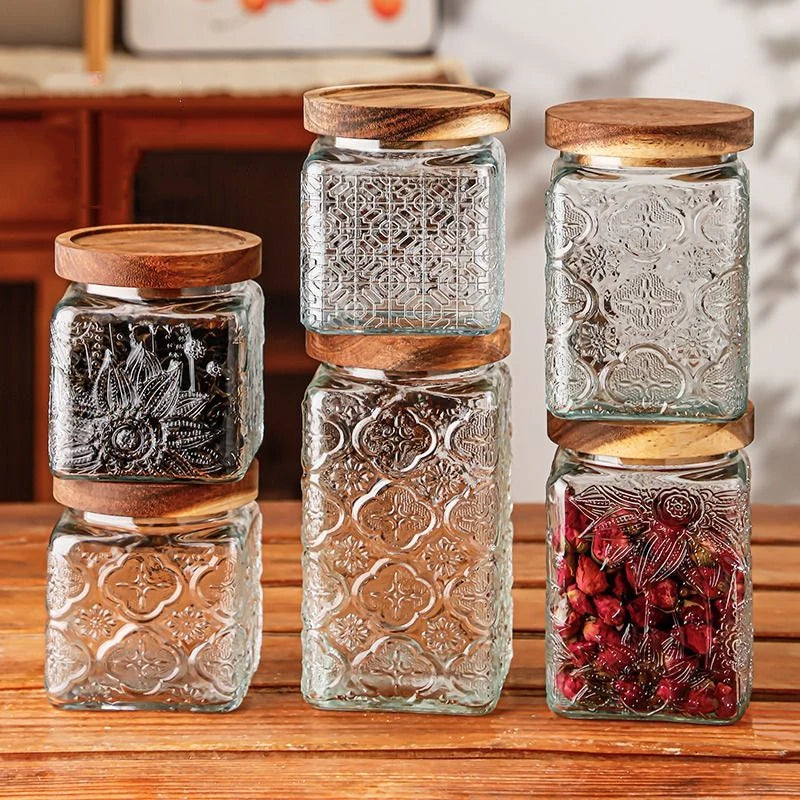 Retro Embossed Begonia Pattern Glass Jar Sealed Jar Storage Bottle variety store