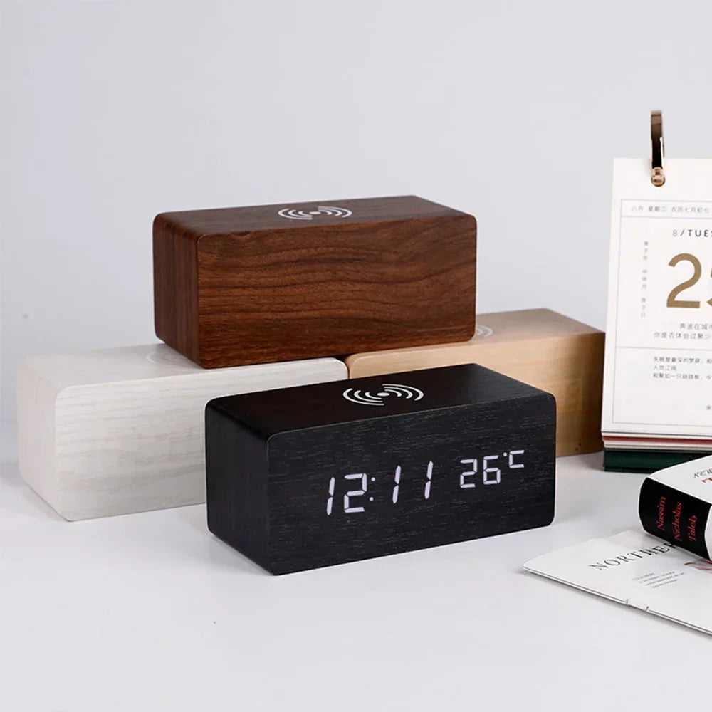 Modern Wooden Wood Digital LED Desk Alarm Clock Thermometer Wireless Charger variety store