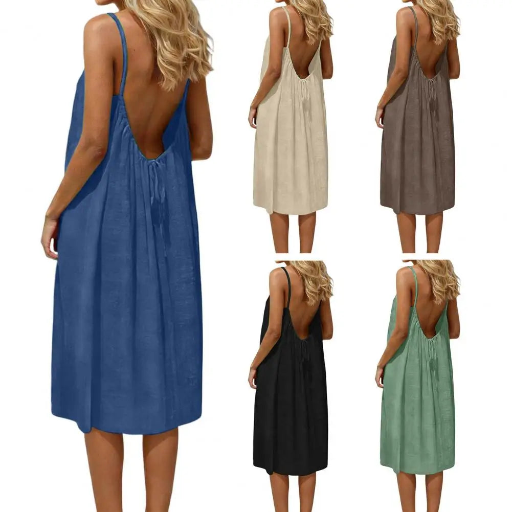 Casual Backless Cami Dress for Women Summer Sleeveless Beach Sundress Spaghetti Strap Loose Flowy Dress with Back Tie Variety shop