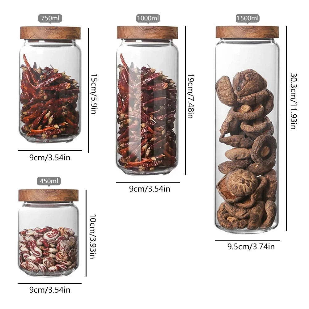 1pcs Wood Lid Orgnizer Glass Airtight Canister Kitchen Storage Bottles Jar variety store