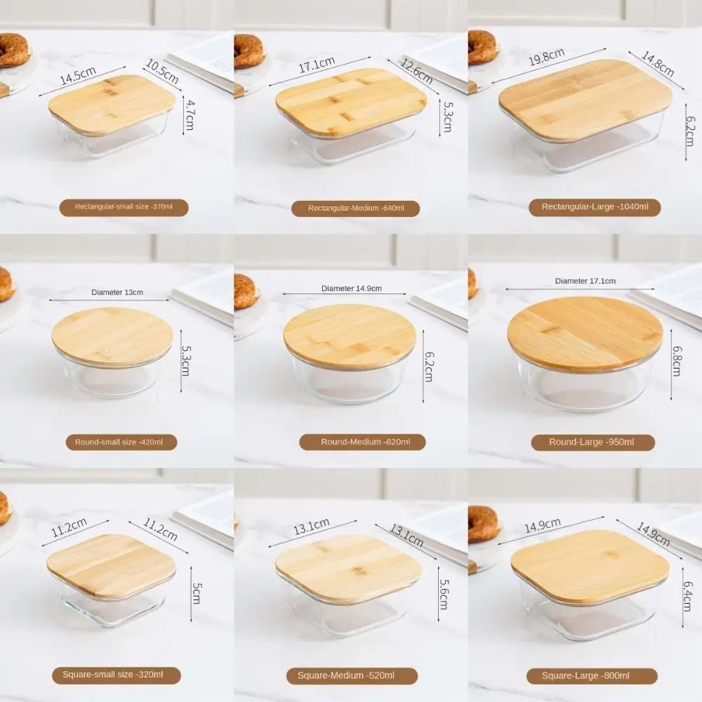 Glass Fresh-Keeping Box Heat-Resistant Bamboo Lid Microwave Oven Lunch Box Leakproof variety store