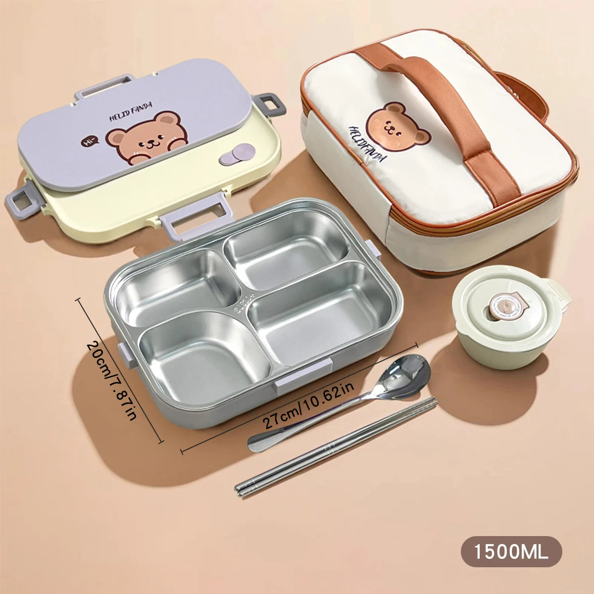 4 Grids 304 Stainless Steel Lunch Box With Cutlery&Bowl Portable Food Contianer variety store