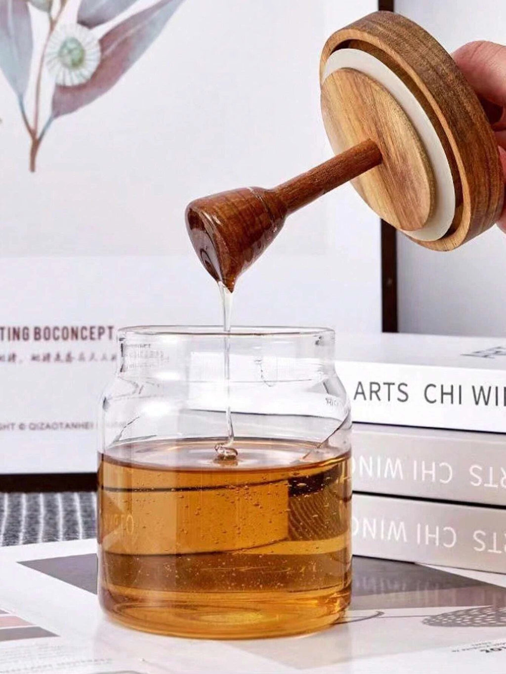 Glass Honey Jar Honey Pot Airtight Advanced Glass Sealed Tank Mixing Rod with Wooden Cover variety store