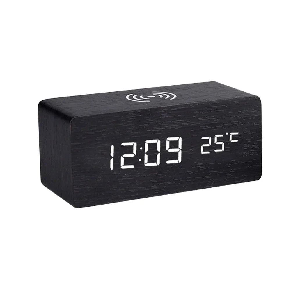 Modern Wooden Wood Digital LED Desk Alarm Clock Thermometer Wireless Charger variety store