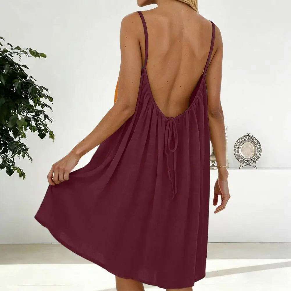 Casual Backless Cami Dress for Women Summer Sleeveless Beach Sundress Spaghetti Strap Loose Flowy Dress with Back Tie Variety shop