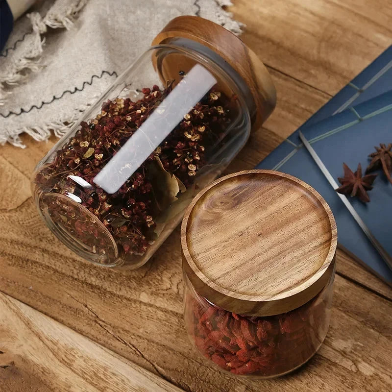 1pcs Wood Lid Orgnizer Glass Airtight Canister Kitchen Storage Bottles Jar variety store
