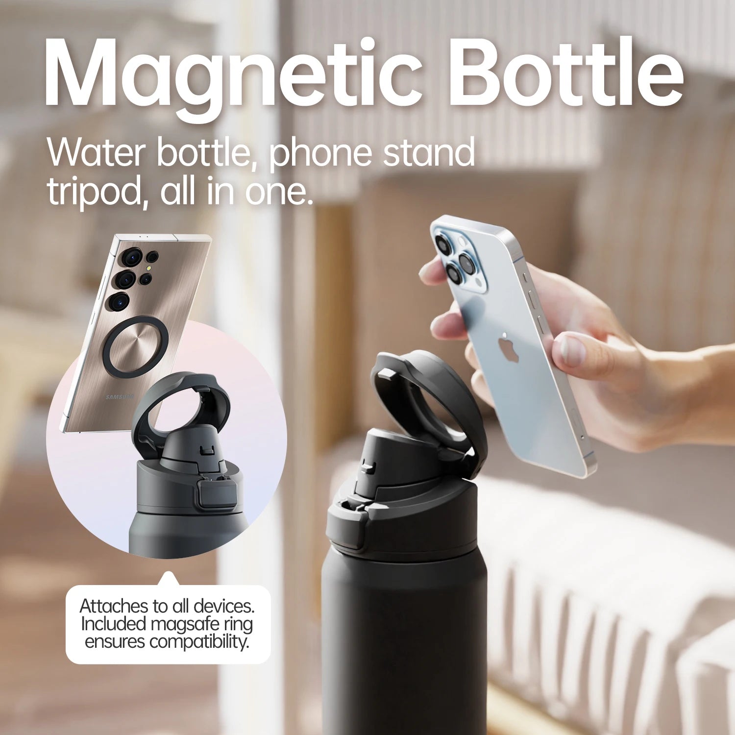 Magnetic Thermos 950ml  Stainless Steel Sports Water Bottle with Magnetic Phone Holder variety store