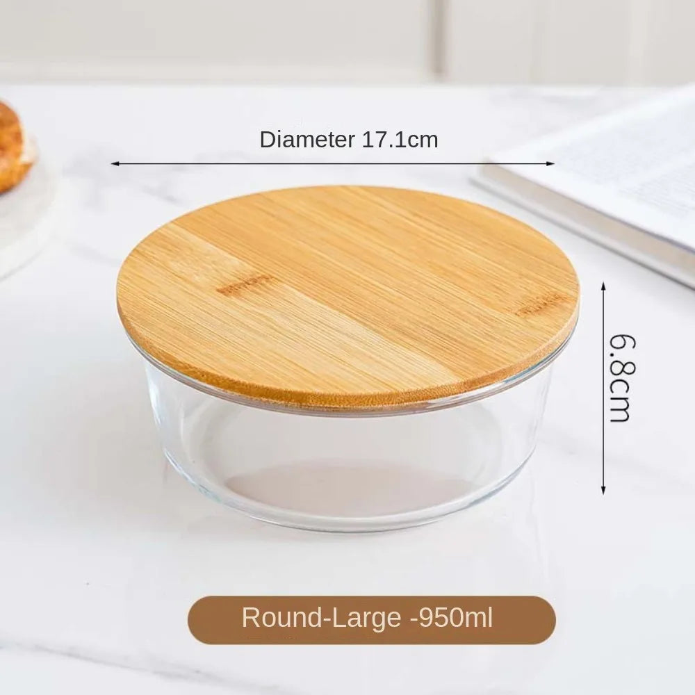 Glass Fresh-Keeping Box Heat-Resistant Bamboo Lid Microwave Oven Lunch Box Leakproof variety store
