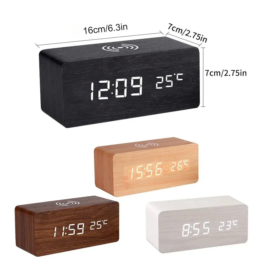 Modern Wooden Wood Digital LED Desk Alarm Clock Thermometer Wireless Charger variety store