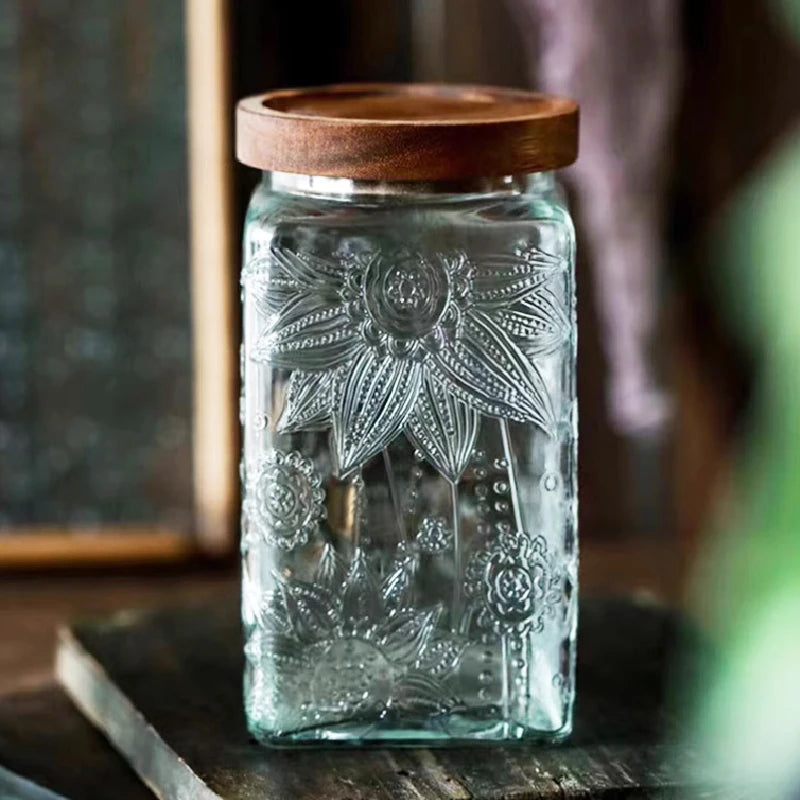 Retro Embossed Begonia Pattern Glass Jar Sealed Jar Storage Bottle variety store