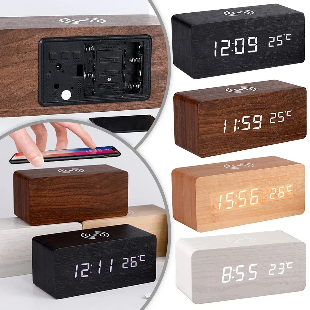 Modern Wooden Wood Digital LED Desk Alarm Clock Thermometer Wireless Charger variety store