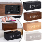 Modern Wooden Wood Digital LED Desk Alarm Clock Thermometer Wireless Charger variety store