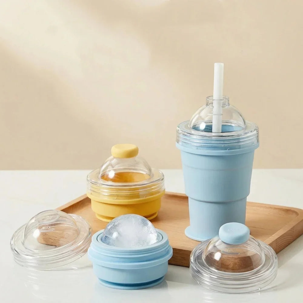 Portable Foldable Ice Ball Cup with Straw Food Grade Silicone Ice Mold variety store