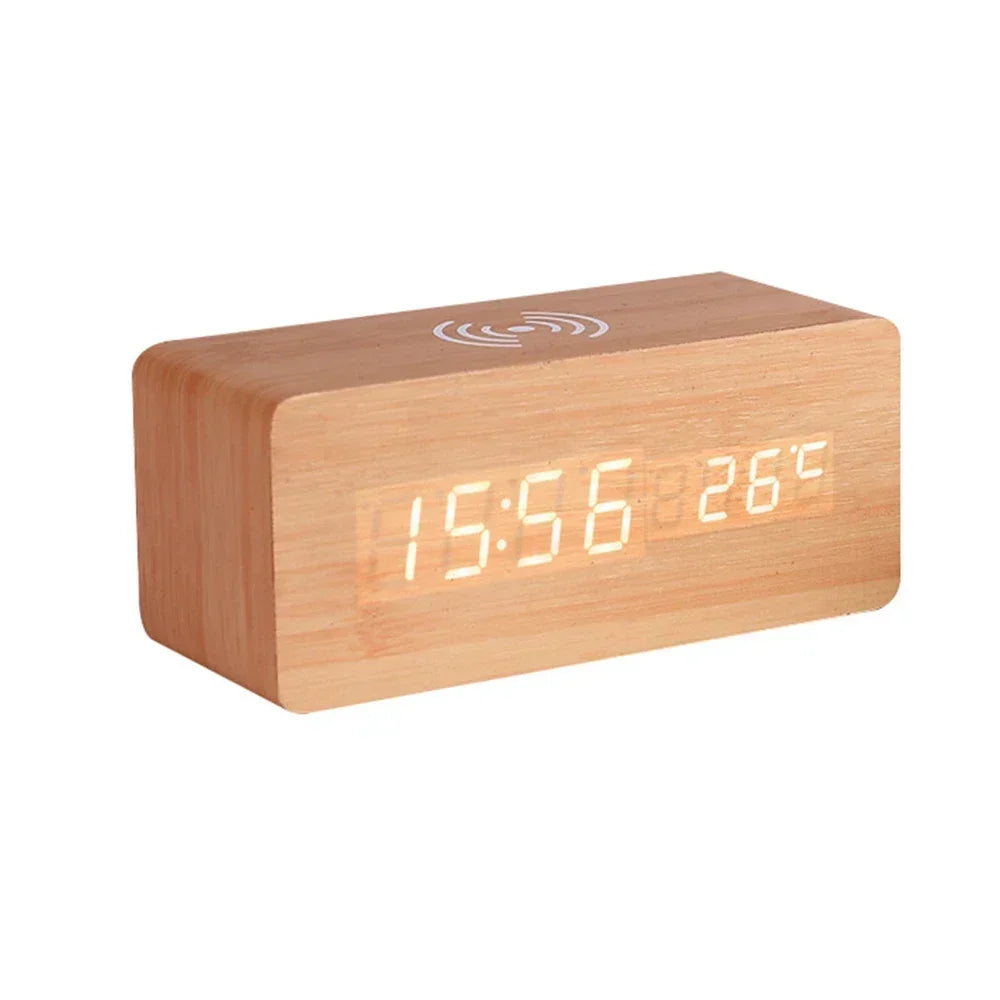 Modern Wooden Wood Digital LED Desk Alarm Clock Thermometer Wireless Charger variety store
