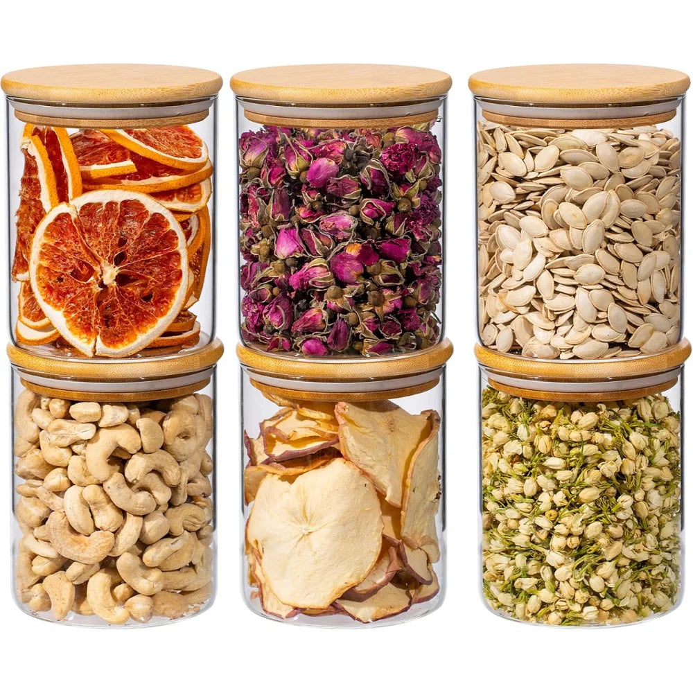6 Pack 25oz round Glass Kitchen Storage Jars with Airtight Bamboo Lid variety store