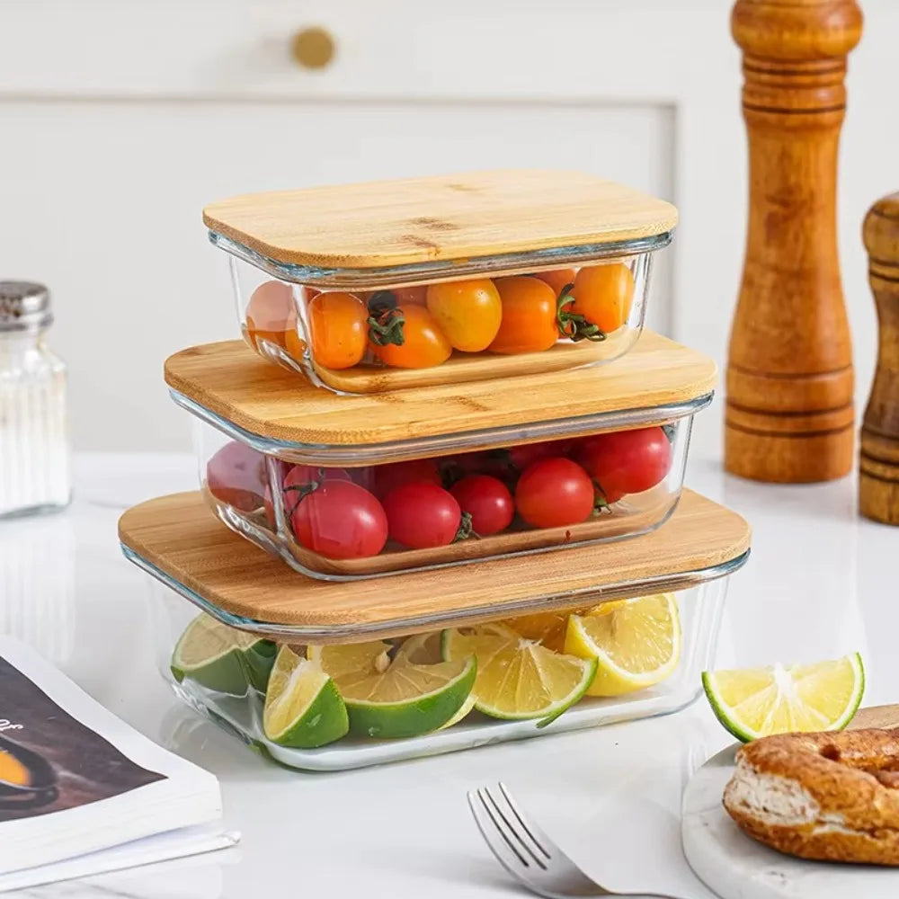 Glass Fresh-Keeping Box Heat-Resistant Bamboo Lid Microwave Oven Lunch Box Leakproof variety store
