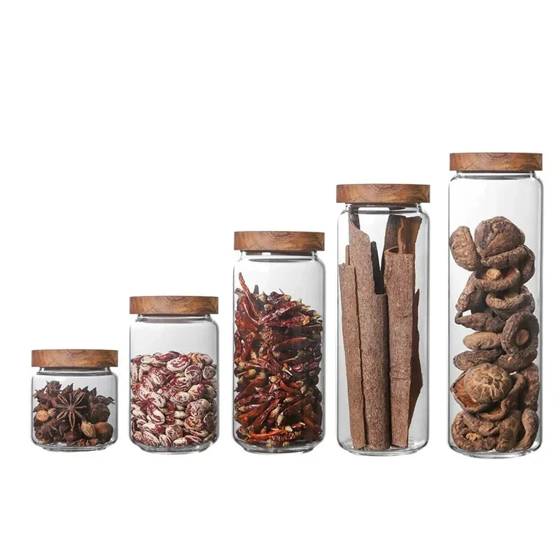 1pcs Wood Lid Orgnizer Glass Airtight Canister Kitchen Storage Bottles Jar variety store
