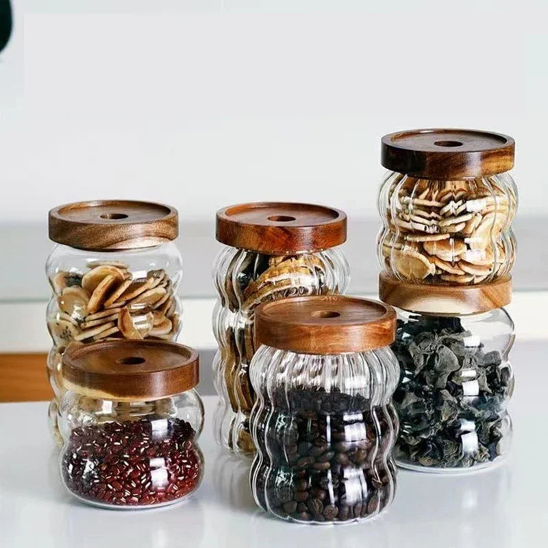 Kitchen High Borosilicate Glass Sealed jar Canister Glass Container Wood Lid variety store