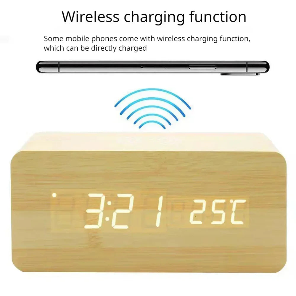 Modern Wooden Wood Digital LED Desk Alarm Clock Thermometer Wireless Charger variety store