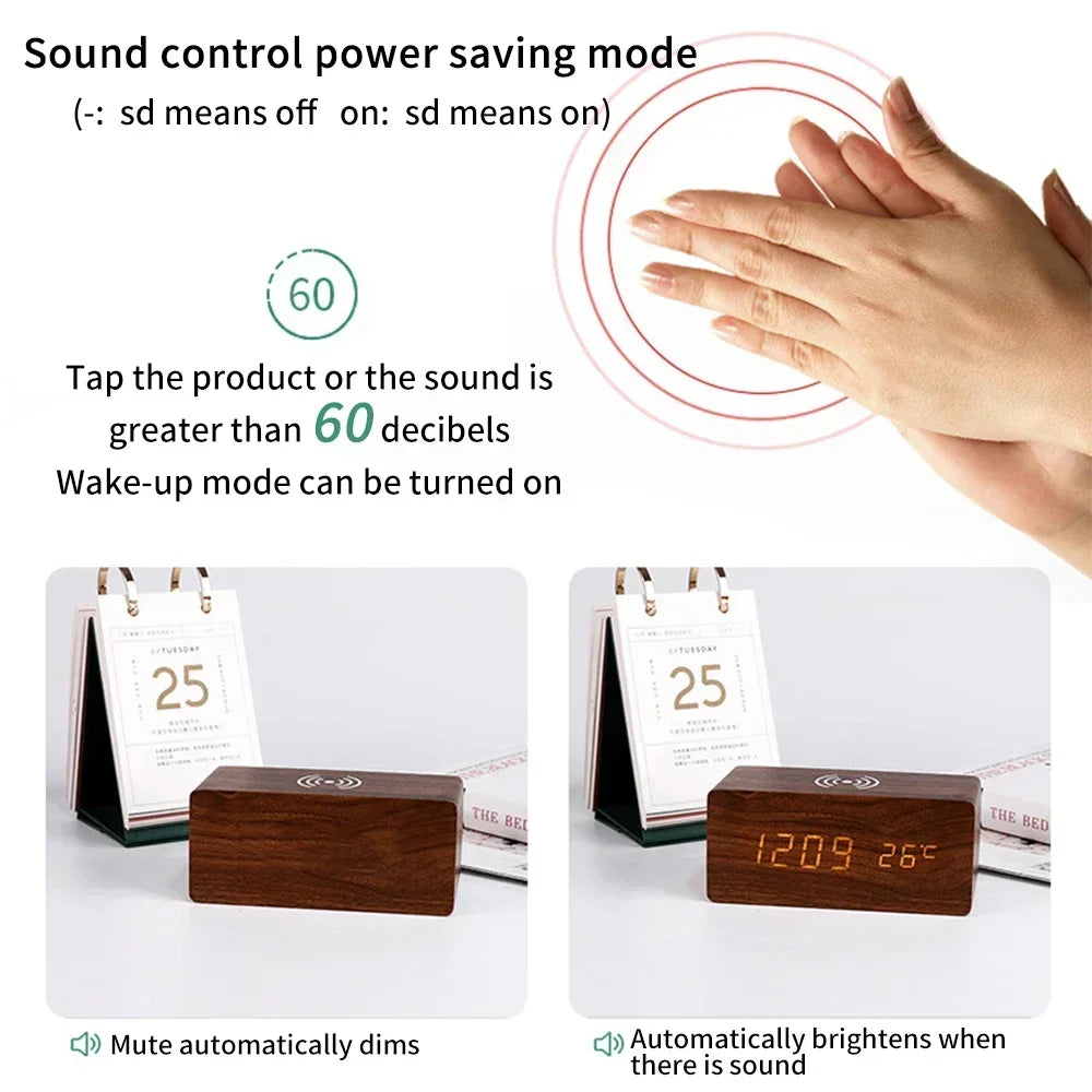 Modern Wooden Wood Digital LED Desk Alarm Clock Thermometer Wireless Charger variety store