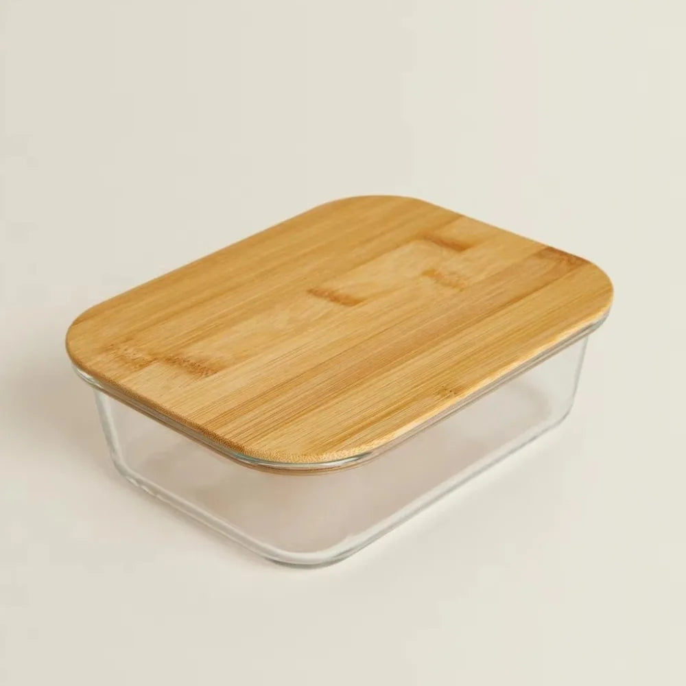 Glass Fresh-Keeping Box Heat-Resistant Bamboo Lid Microwave Oven Lunch Box Leakproof variety store