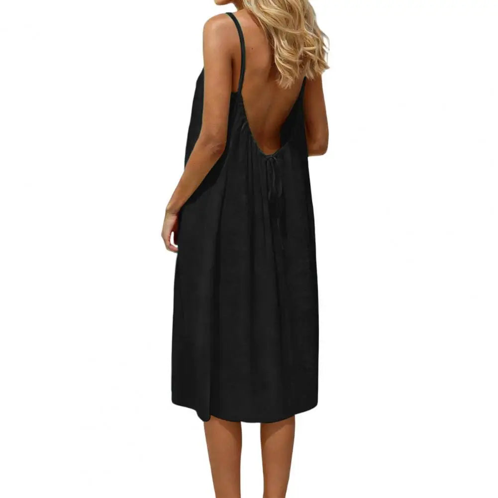 Casual Backless Cami Dress for Women Summer Sleeveless Beach Sundress Spaghetti Strap Loose Flowy Dress with Back Tie Variety shop