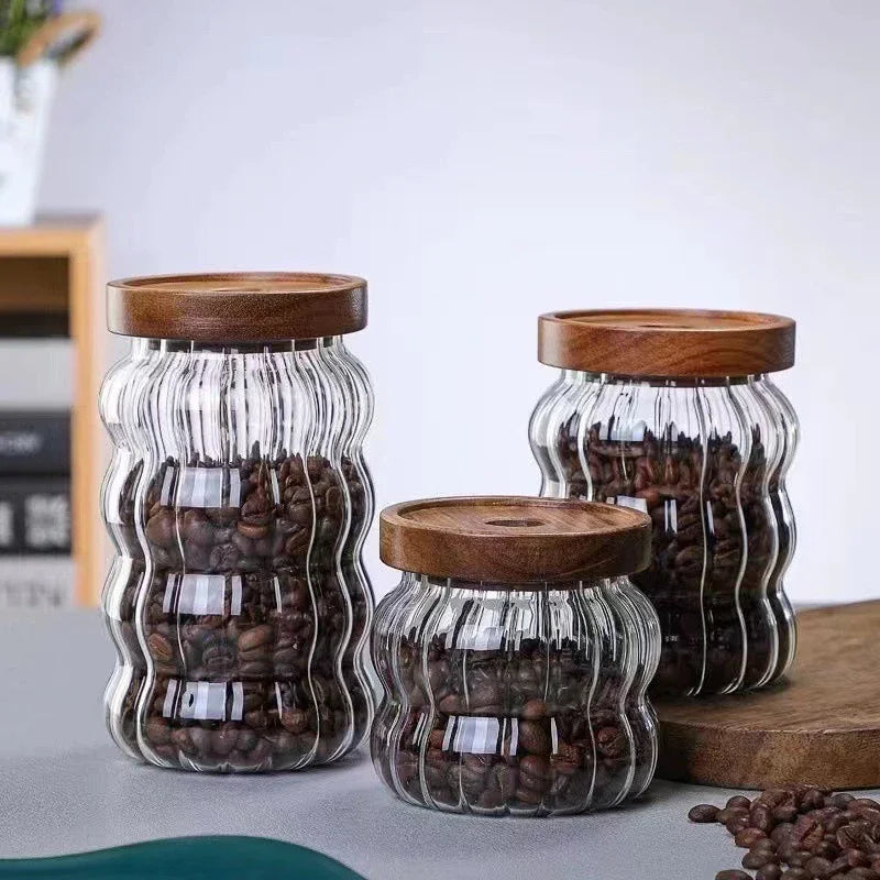 Kitchen High Borosilicate Glass Sealed jar Canister Glass Container Wood Lid variety store