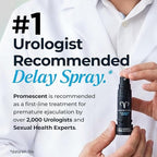 Variety shop Promescent delay spray bottle held by a urologist in a white lab coat, highlighting clinical endorsement.